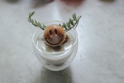 High angle view of ice cream in glass on table