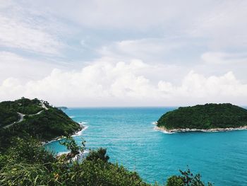 Scenic view of bay against sky