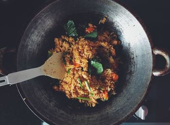 High angle view of food in plate on table