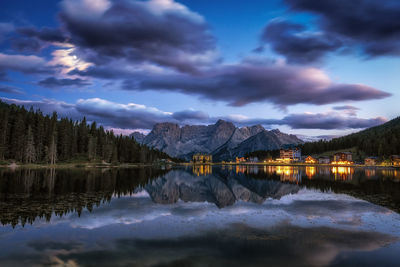  lake misurina and mount sorapiss night view taken during summer. famous landmark in dolomite, italy.