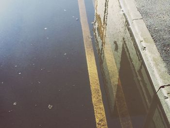 High angle view of rain water puddle on street