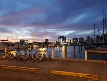 View of marina at sunset