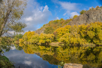 Scenic view of lake in forest during autumn