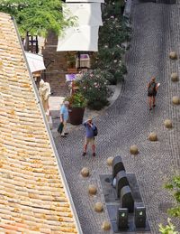 High angle view of people walking on steps