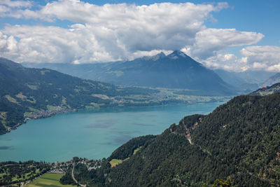 Scenic view of lake and mountains against sky