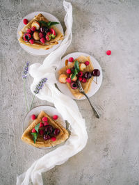 High angle view of breakfast served on table