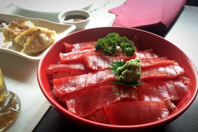 High angle view of food in plate on table