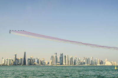 Air show in doha corniche , qatar . qatar national day 2018 celebration