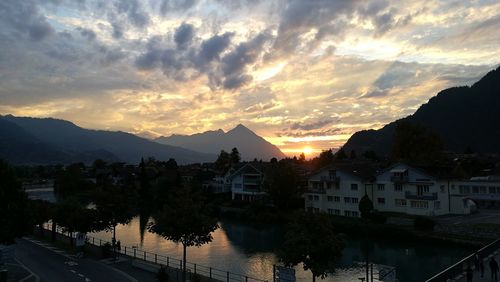 High angle view of houses at sunset