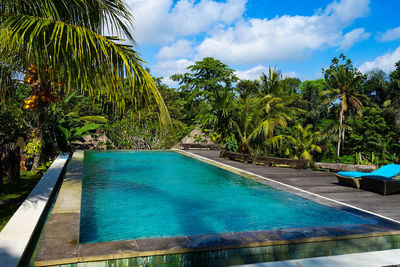 Swimming pool by trees against sky