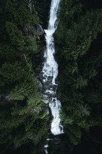 Aerial photo of waterfall in deep lush forest, austria