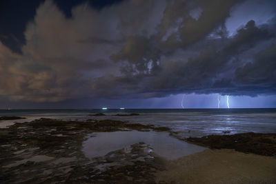 Scenic view of sea against storm clouds