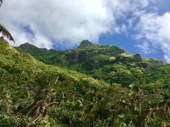 Low angle view of green mountain against sky