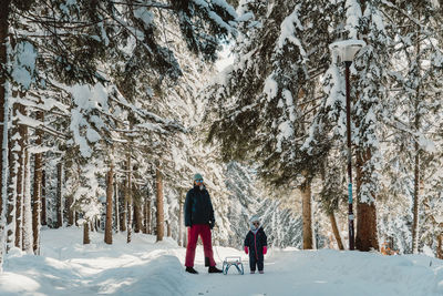 Rear view of man walking on snow covered landscape