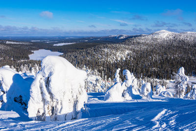 Scenic view of snow covered mountains against sky