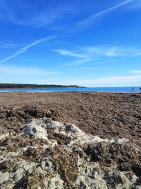 Scenic view of beach against blue sky