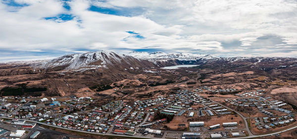 Aerial scenic view of the historic town of husavik