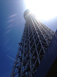 Low angle view of skyscrapers against blue sky