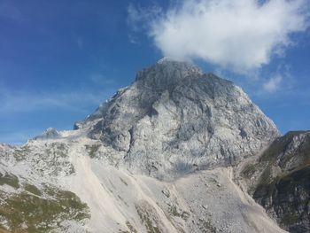 Low angle view of snow capped mountain against sky