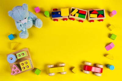 High angle view of toys on table