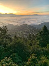 High angle view of landscape against sky during sunset
