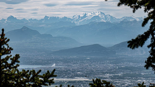 Scenic view of sea and mountains against sky