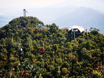 High angle view of plants and trees against sky