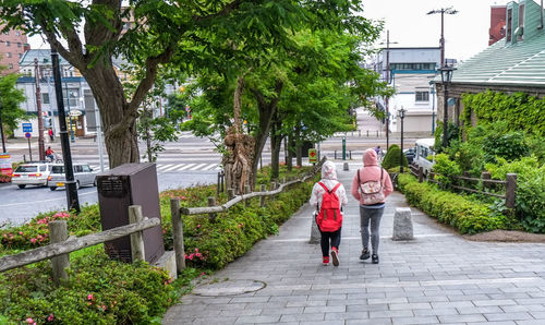 Rear view of friends walking on street in city