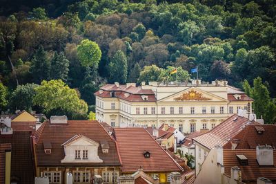 High angle view of townscape by trees