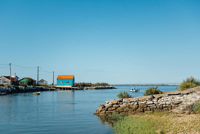 Scenic view of sea against clear blue sky