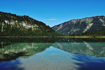 Scenic view of lake and mountains against blue sky