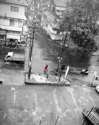 High angle view of wet street in city