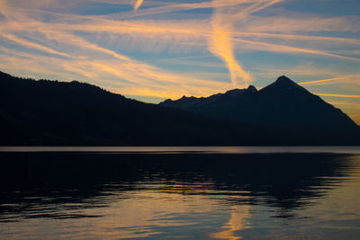 Scenic view of lake against sky at sunset