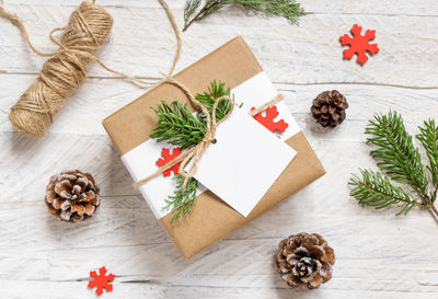 High angle view of christmas decorations on table