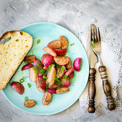 High angle view of food in plate on table