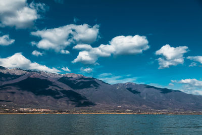 Scenic view of sea and mountains against sky