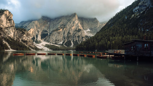 Scenic view of lake by mountains against sky