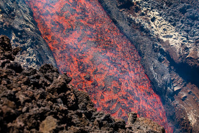 Etna- lava fall detail on volcano  in sicily with smoke and acid vapor
