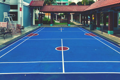 High angle view of basketball court against buildings