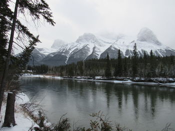 Scenic view of lake by snowcapped mountains against sky