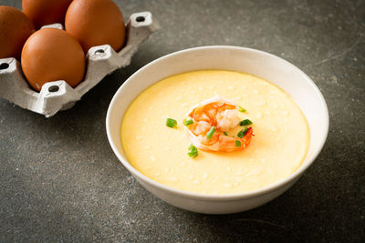 Close-up of soup in bowl on table