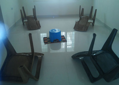 High angle view of camera on table