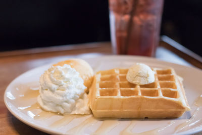 Close-up of breakfast served on table