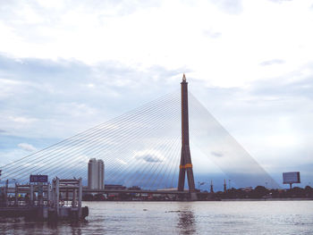 View of suspension bridge with city in background