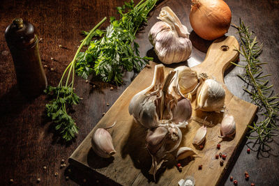 High angle view of vegetables on cutting board