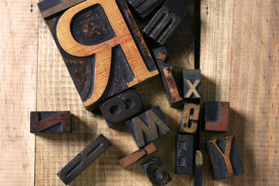 High angle view of old objects on table