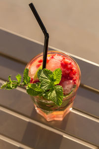 High angle view of drink on table