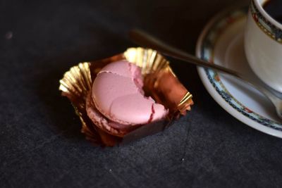 High angle view of chocolate cake in plate