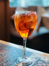 Close-up of beer in glass on table