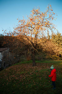 Man on field during autumn against sky